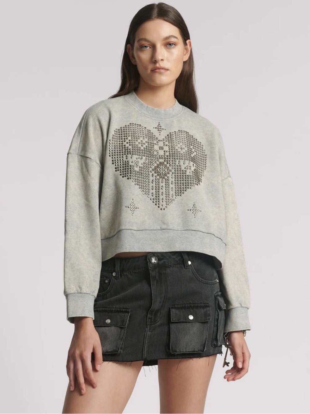 NWOT One Teaspoon Studded Heart Grey Cropped Sweatshirt grey marl / LG